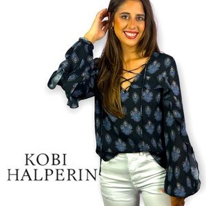 Kobi Halperin Black Patterned Ruffle Sleeve Silk Blouse MEDIUM